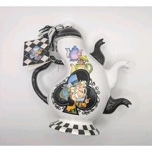 Disney Parks Alice in Wonderland Triple Spout Black & White 8" Teapot